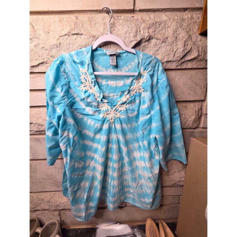 Catherines Womens 2X Blue Tie Dye Embroidered Split Neck 3/4 Sleeve Cotton Tunic